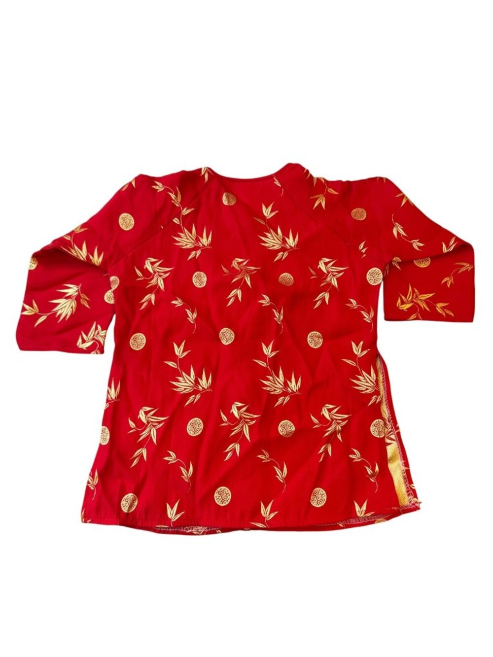 Traditional Vietnamese Silk Button-Up Jacket Red & Gold Bamboo Design Size 4